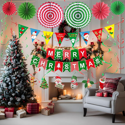 27Pcs Christmas Decorations Kit, Merry Christmas Banner, Paper Fan Flower, Hanging Garland Triangle Bunting, Xmas Tree Elk Snowman Swirl Streamers for Christmas Decor Party Supplies