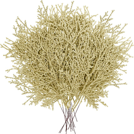 Winlyn 15 Pcs Christmas Artificial Cedar Sprays Champagne Glittered Faux Cedar Branches Stems Christmas Tree Ornament Picks 14.4" for Christmas Tree Wreath Wedding Bouquet Holiday Centerpiece