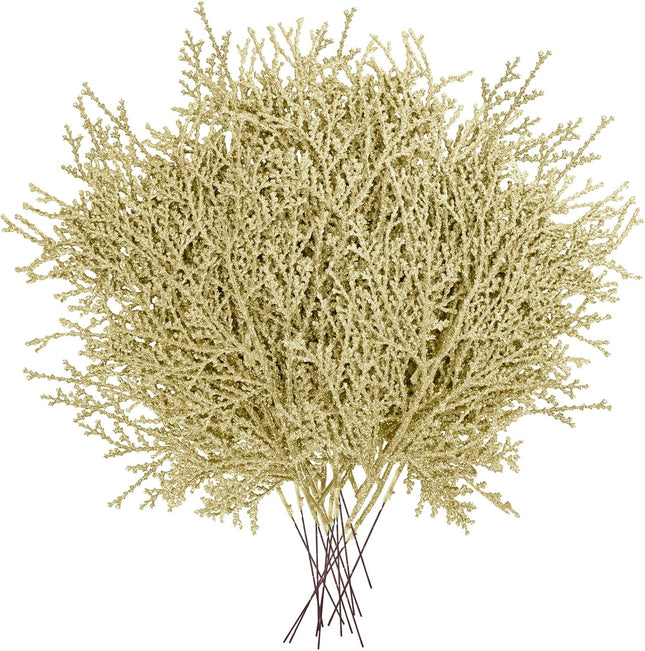 Winlyn 15 Pcs Christmas Artificial Cedar Sprays Champagne Glittered Faux Cedar Branches Stems Christmas Tree Ornament Picks 14.4" for Christmas Tree Wreath Wedding Bouquet Holiday Centerpiece