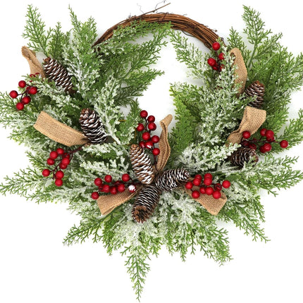 Christmas Artificial Wreath for Front Door, Outdoor Christmas Wreath Flocked with Mixed Decorations, Holiday Greenery Wreath with Pinecones, Red Berries, and Snowflake, 23 inches