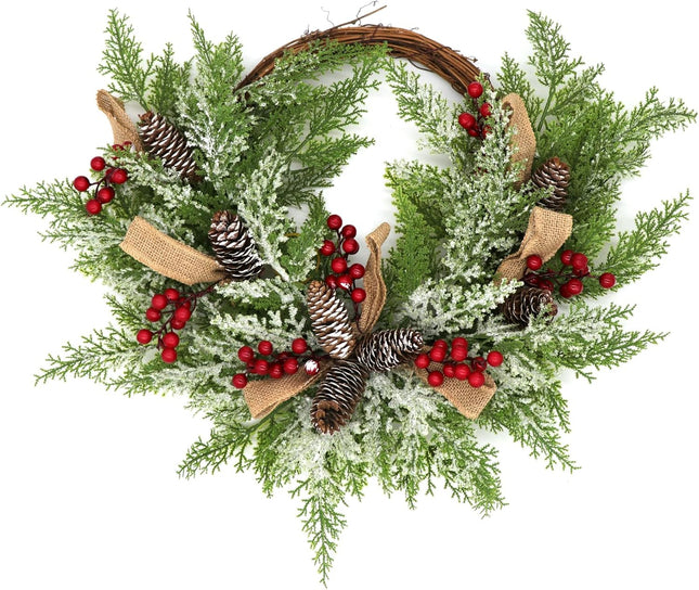 Christmas Artificial Wreath for Front Door, Outdoor Christmas Wreath Flocked with Mixed Decorations, Holiday Greenery Wreath with Pinecones, Red Berries, and Snowflake, 23 inches