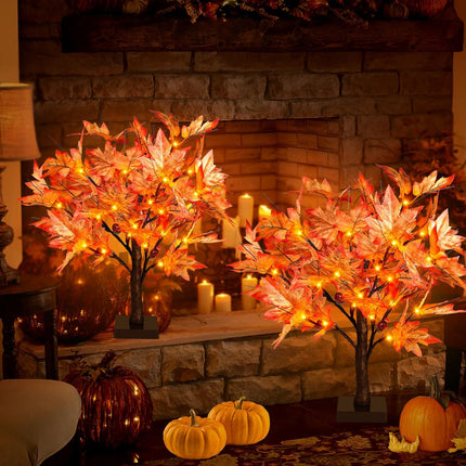 18 Inch Lighted Maple Tree with 36 Lights, 72 Leaves, 6 Acorn, Timer Battery Operated Tabletop Artificial Fall Tree for Thanksgiving Harvest Home Decor, Fall Table Decorations (18 Inch 2 Pack)