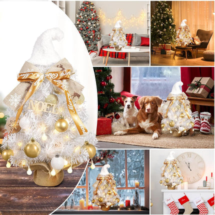 2FT White Small Christmas Tree with Lights,Gnome Tabletop Artificial Christmas Tree Desktop Xmas Tree with Ball Lights, Ornaments,Best DIY Christmas Decorations