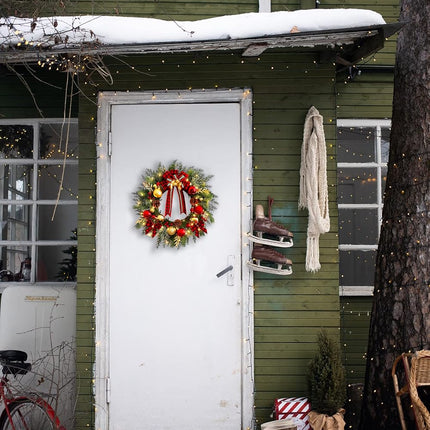 Christmas Wreath with Lights 20 Inch Pre-Lit Christmas Door Wreath for Front Door with Red Plaid Bow and Ball Ornaments, Battery Operated Timer 40 LED Lights, Holiday Decoration for Fireplace Xmas