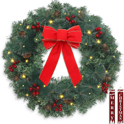 Outdoor Christmas Wreath for Front Door, Christmas Wreaths 20in Indoor Christmas Wreath, PVC Tips, Bow Ribbon, Christmas Door Banner