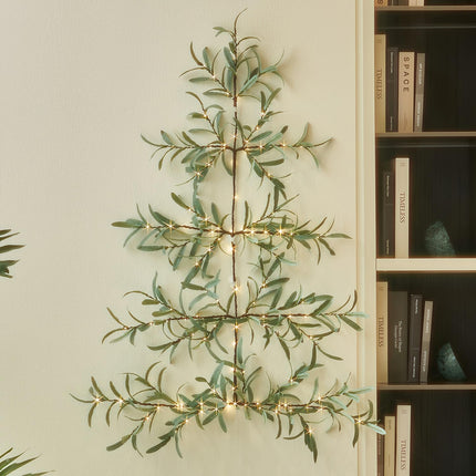 Fudios Lighted Wall Tree Artificial Olive Leaf with Timer 3.5FT 140 LED Fairy Lights for Home Room Christmas Holiday Decoration