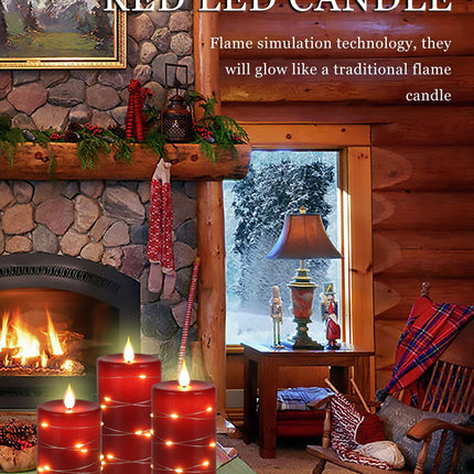 Red Flameless Candles with String Lights Battery Operated LED Pillar Candles 4‘’ 5‘’ 6‘’ Candle with Remote Control,Fake Candle Set of 3 for Christmas or Special Festivals Decorations