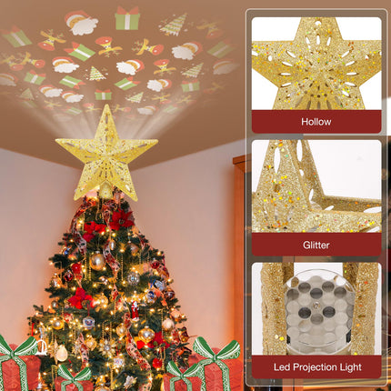 Christmas Tree Topper Lighted with 6 Pattern Projection Modes, Christmas Star Tree Topper Built-in LED Rotating Lights, 3D Glitter Dynamic Projection for Christmas Tree Decor(Gold)
