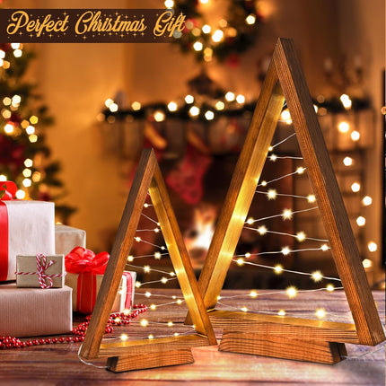 Wooden Christmas Tree Tabletop Christmas Tree with Lights Modern Farmhouse Christmas Decor Small Christmas Tree Mantle Christmas Decorations Holiday Decor Set of 2 (Large 14.3" Medium 10.2")