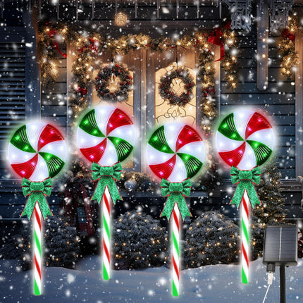 4LED Solar Christmas Pathway Lights Solar Powered Lollipop Garden Lights Decorations Christmas Peppermint Waterproof Outdoor Light Red and Green for Yard Deck Lawn Patio Walkway Courtyard(1Pack)