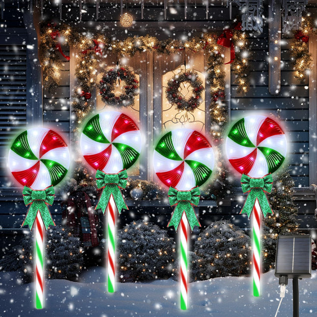 4LED Solar Christmas Pathway Lights Solar Powered Lollipop Garden Lights Decorations Christmas Peppermint Waterproof Outdoor Light Red and Green for Yard Deck Lawn Patio Walkway Courtyard(1Pack)