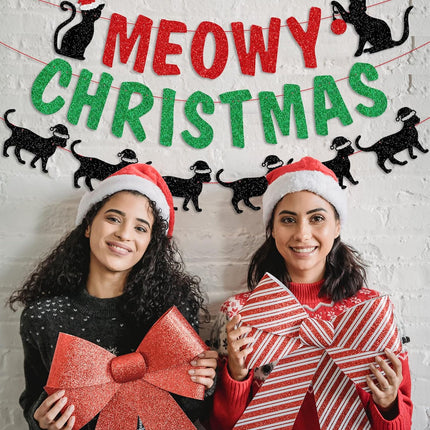Glittery Meowy Christmas Banner Cat Themed Christmas Party Banner Decorations for Wall Fireplace Party Decor Supplies