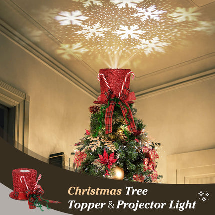 Shinowa Christmas Tree Topper Hat, Metal Frame Christmas Treetop with Motional Snowflake Projector Lights Plug in Glitter Projector Xmas Tree Topper for Christmas Tree Decorations, Red