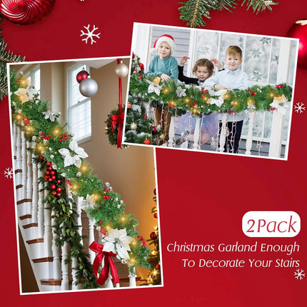 2 Pack 6ft Christmas Garland with LED Lights Pre Lit Outdoor Christmas Garland with Pine Cones Bow Gold Berry for Fireplace Mantel Holiday Indoor Christmas Decor, Total 12ft (Style 2)