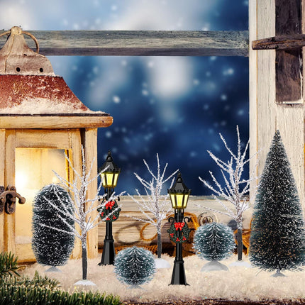 20 Pieces Mini Christmas Tree Snow Covered Branch Village Tree Artificial Christmas Village Displays Tree with Christmas Lamp Post Lantern for Christmas Winter House Holiday Decor