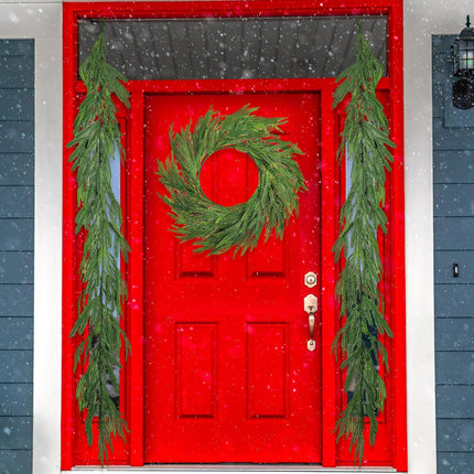 Jutom 3 Pcs 20 Inch Norfolk Pine Wreath and 6 ft Artificial Norfolk Pine Garlands Faux Pine Green Wreath Christmas Greenery Garland Winter Pine Garland for Front Door Porch Fireplace Indoor Outdoor
