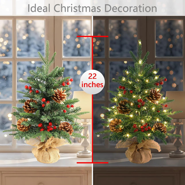Tabletop Small Christmas Tree 22 Inch Mini Artificial Christmas Tree with 50 Warm White Lights (8 Modes), Include Pinecones and Red Berries,Mini Xmas Trees for Christmas Decorations Indoor Home Decor
