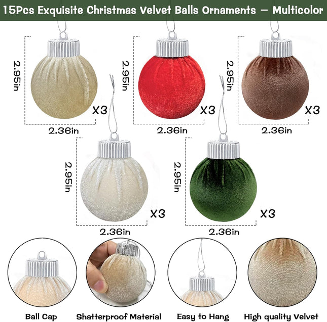 15Pcs Christmas Velvet Balls Ornaments Christmas Tree Ornaments - Christmas Decorations - 2.36" Multicolor Shatterproof Xmas Baubles Hanging Ornaments for Christmas Holiday Home Tree Decor Present