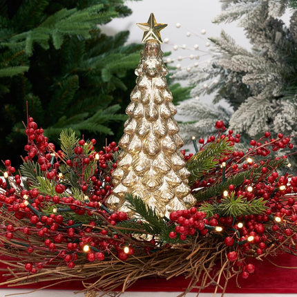 Pre-Lit Christmas Wreath 20 Inches Small Light Timer Artificial Pine Berries Xmas Decorations for Front Door Holiday Fireplace Wall Window Decor