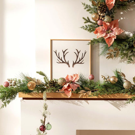 Decorbyhannah Christmas Poinsettia Garland with Lights, 6ft Lighted Artificial Greenery Garland Christmas Decorations with Pink Gold Ornaments, Battery Operated Christmas Garland Indoor for Mantle
