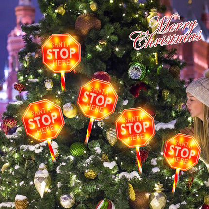 MUMTOP 5 Pack Santa Stop Here Christmas Decorations, Battery Operated Pathway Christmas Stake Lights, Outdoor Christmas Lights for Lawn Yard Garden