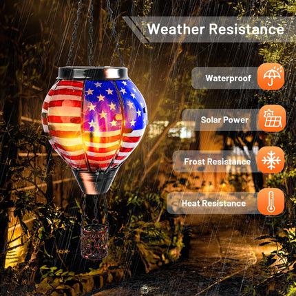 Hot Air Balloon Solar Lantern Hanging Outdoor Solar Lantern with Flickering Flame for Decorative Garden Patio Yard Party Decor for Birthday Halloween Christmas - American Flag