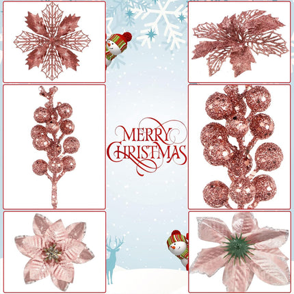 36 Pcs Christmas Poinsettia Flower 3 Styles Glitter Artificial Poinsettia Flowers Glitter Berries Stems Wedding Xmas Tree Flowers Ornaments for Christmas Party DIY Wreath Floral Decorations(Rose Gold)