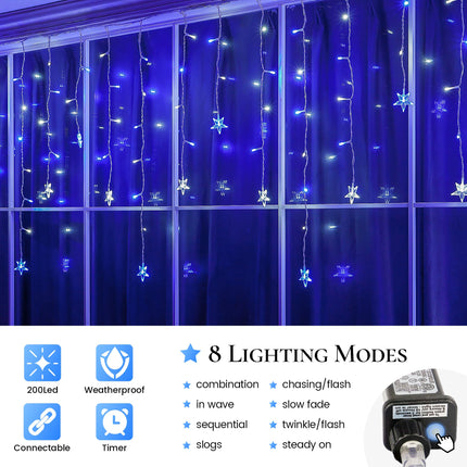 Icicle Lights Outdoor,16.5FT 200 LED Curtain Fairy Lights,40 Drops 8 Modes with Timer Icicle Star Lights,Hanging Led String Lights for Backdrop,Wedding,Party,Christmas Decorations,Blue&White