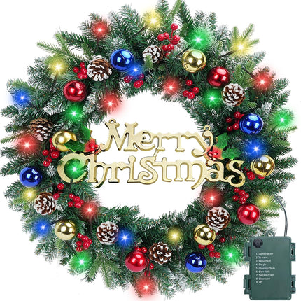 24 Inch Christmas Wreath with 50 LED Lights, Artificial Christmas Wreath for Front Door with Pine Cones Berry 8 Modes Battery Operated Christmas Wreath for Windows Fireplace Outdoor Xmas Decor
