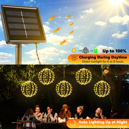 Joomer 2 Pack Christmas Solar Ball Lights, 12IN 120 LED Foldable Metal Sphere Lights Waterproof 8 Modes with Hook, Solar Powered Hanging Tree Globe Lights for Outdoor Christmas Decoration (Warm White)