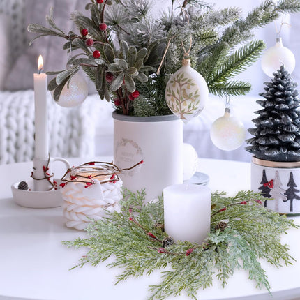 Winlyn 4 Pcs Artificial Snowy Cedar Pine Candle Rings Evergreen Pine with Red Pip Berries and Pinecones Wreaths Farmhouse Christmas Candle Holder Rings 15" Wide for Winter Holiday Mantel Door Cabinet
