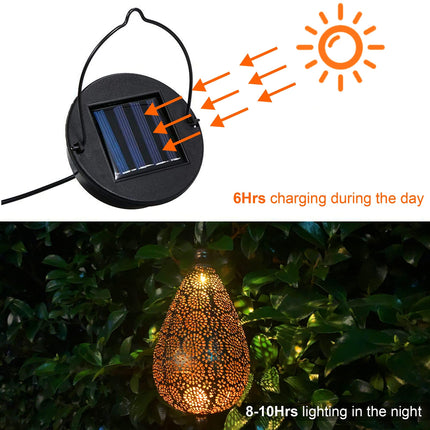 MAG 2 Pack Solar Hanging Lights, Solar Powered Decorative Retro Lantern with Handle, Warm White LED Christmas Garden Boho Flower Lights, Metal Drop Shape Waterproof Outdoor Yard Tree Fence Patio