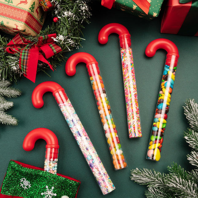 12Pcs Christmas Candy Cane Tubes, Clear Candy Containers with Red Topper, Plastic Tubes for Sweets for Christmas Party Supplies