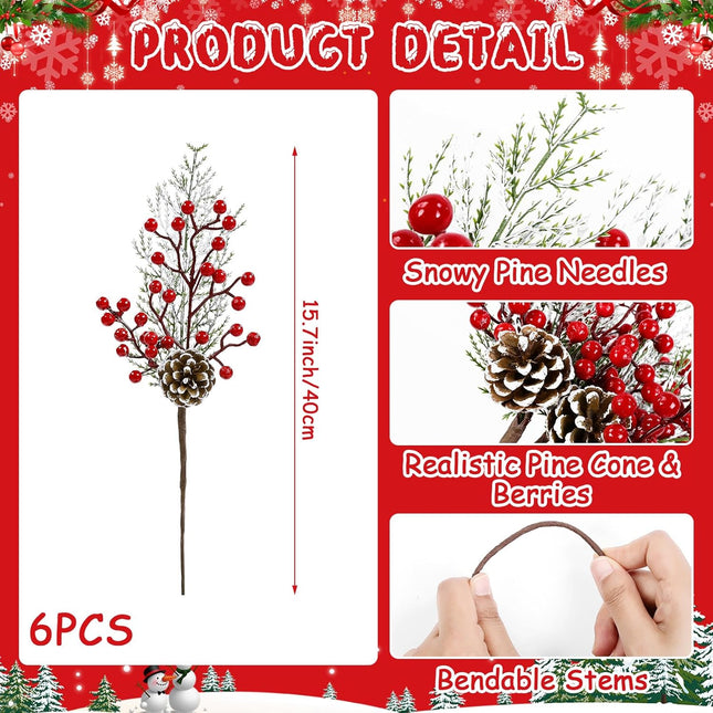 Topotdor Christmas Red Berries Stems Floral Picks, 16 Inch Artificial Pine Branches with Red Berries and Pine Cones for DIY Christmas Garland Wreath Crafts, 6PCS