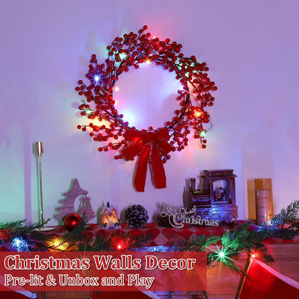 TURNMEON Dual Color Change&Timer 8 Modes Lighted Christmas Wreaths for Front Door, 20 Warm White&Color Lights with Bowknot Artificial Red Berry Christmas Wreath Xmas Winter Wreath Home Holiday 18 Inch