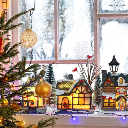 Queekay Christmas Winter Village Houses Set Christmas Miniature Resin Ornament Kits Christmas Cedar Bare Branch Tree Street Lamp Room Decor(Retro Style)
