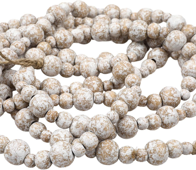 Ceenna 2 Pcs 18 Feet Christmas Wooden Beads Xmas Round Beads Garland Craft Bead Garland Farmhouse Wooden Beads for Christmas Decoration Supplies(White Frost)