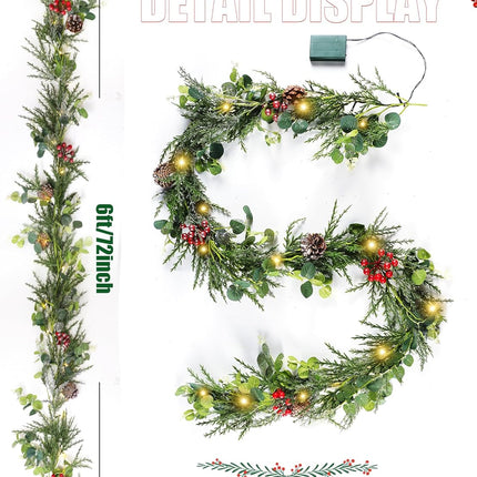 Brightown Pre-lit Christmas Garland with Lights, 6 Feet 20 LED Battery Operated Christmas Lights with Pine Cones, Berry, Eucalyptus Leaves, Indoor Christmas Decorations for Stairs, Fireplace, Door