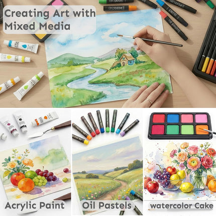 TMOL Art Supplies, 175-Pack Deluxe Art Set Drawing Painting Kit with 2 Drawing Pads, Acrylic Paints, Colored Pencils, Crayons, Art Kit in Wooden Case, Gift for Artist, Adults, Teens and Kids - Cherry