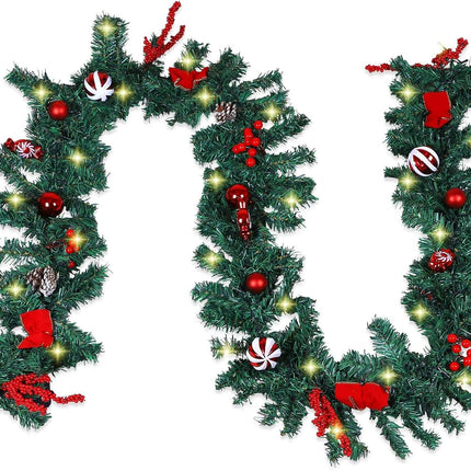 ANALIM 9 FT LED Christmas Garland with Christmas Balls Candies Pinecones Red Berries Bows, Multi-Function Christmas Garland with 50 Warm White LED Lights, 180 Branch Tips