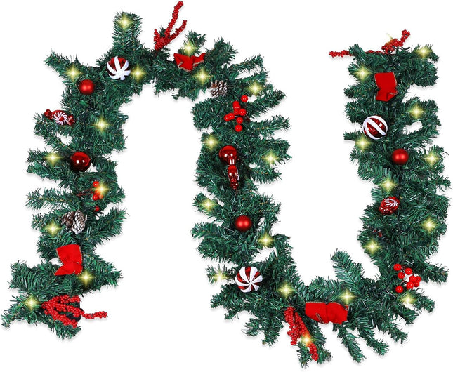 ANALIM 9 FT LED Christmas Garland with Christmas Balls Candies Pinecones Red Berries Bows, Multi-Function Christmas Garland with 50 Warm White LED Lights, 180 Branch Tips