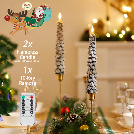 Christmas Tree Candles with 3D Wick, 11.4" Green Real Wax Flameless Taper Candles with Remote, Flickering LED Candles Xmas Candlesticks Battery Operated Candles for Home, Party Decor, 2 Pack