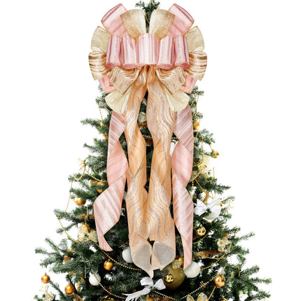 37 Pieces Christmas Rose Gold Tree Ornaments Set, Christmas Decorative Bow Topper 12 Glitter Flowers Decorations 12 Plastic Xmas Snowflake Icicle Ornaments Set for Holiday Party Decoration