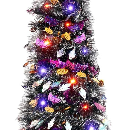 JOIEDOMI 5 FT Halloween Tree Outdoor Halloween Decorations with Timer 8 Modes, Pop Up Pencil Tree Tinsel Christmas Trees Collapsible Tree for Halloween Party Supplies Indoor Outside