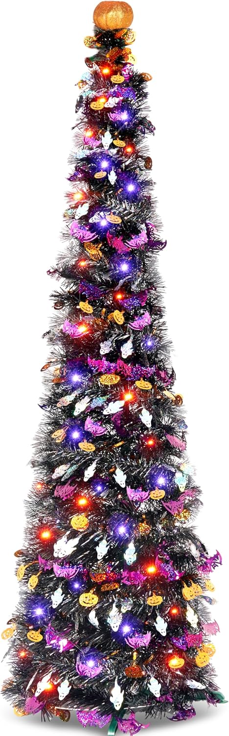JOIEDOMI 5 FT Halloween Tree Outdoor Halloween Decorations with Timer 8 Modes, Pop Up Pencil Tree Tinsel Christmas Trees Collapsible Tree for Halloween Party Supplies Indoor Outside