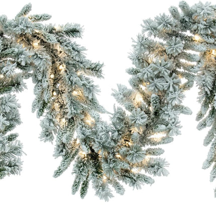 Vickerman 9' Snow Ridge Artificial Christmas Garland - Pure White LED Lights - Faux Snowy Christmas Garland - Flocked Garland - Indoor Seasonal Home Decor
