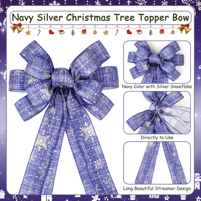 Serencatcher Large Christmas Wreath Bows 11 x 20 Inches, 2Pcs Blue Christmas Tree Topper Bow with Silver Snowflake for Christmas Home Garden Indoor Outdoor Decoration Wreath Ornament Supplies