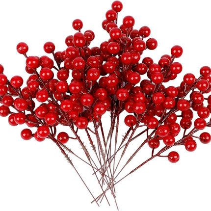 winemana 24 Pack 8 Inch Christmas Faux Picks Winter Berry Sprigs, Artificial Red Berries Stems Ornaments for Christmas Tree DIY Crafts Wreath Garland Decor