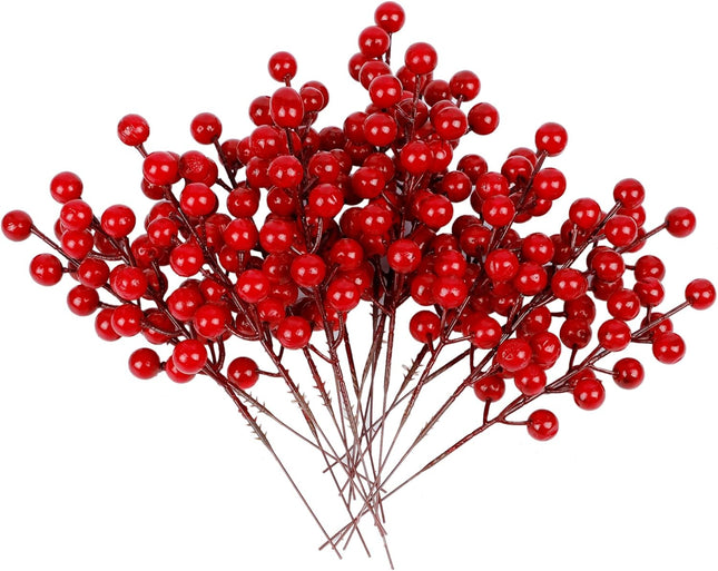 winemana 24 Pack 8 Inch Christmas Faux Picks Winter Berry Sprigs, Artificial Red Berries Stems Ornaments for Christmas Tree DIY Crafts Wreath Garland Decor