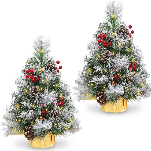 TURNMEON 2 Pack 24 Inch /2FT Tabletop Small Christmas Tree with Timer 30 Warm White Lights Battery Operated Snowy Pine Cones Red Berried, Mini Xmas Trees for Christmas Decorations Indoor Home Decor